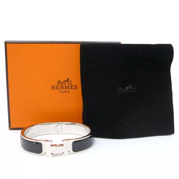 Authentic HERMES Click Crack PM Enamel Bangle Bracelet D Black - Picture 1 of 12